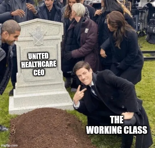 A man in a suit, labeled 'THE WORKING CLASS', is kneeling beside a freshly dug grave with dirt piled up, smiling and making…