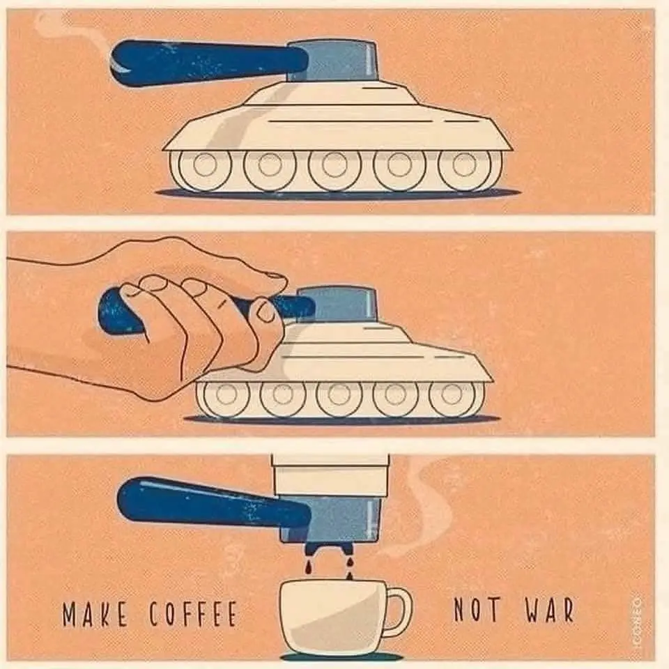 The image is a three-panel illustration showing a tank transforming into a coffee machine. The top panel shows a tank. The…