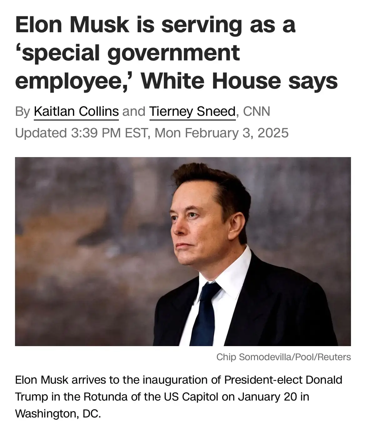 The image shows a news article headline from CNN dated February 3, 2025, stating 'Elon Musk is serving as a 'special…