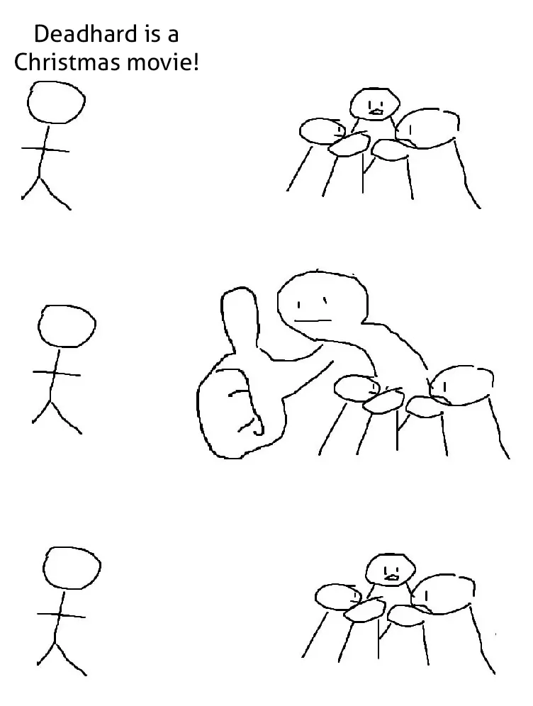 A simple stick figure comic strip with three panels. In each panel, a stick figure stands alone on the left while a group of…