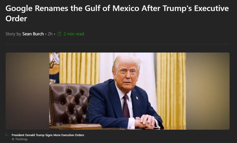A screenshot of a news article header showing a photo of Donald Trump seated at a desk in an official setting, with the…
