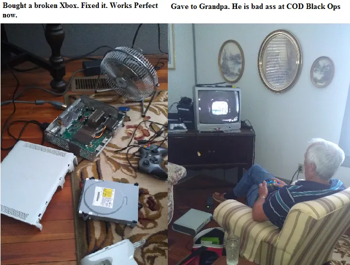 The image is split into two panels. The left panel shows a disassembled Xbox console with its internal components exposed, a…