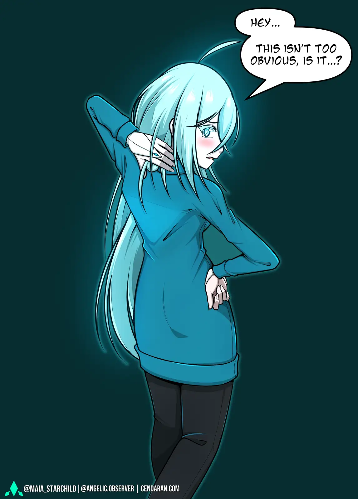 An anime-style girl with light blue hair and a blue hoodie poses with one hand on her hip and the other behind her head…