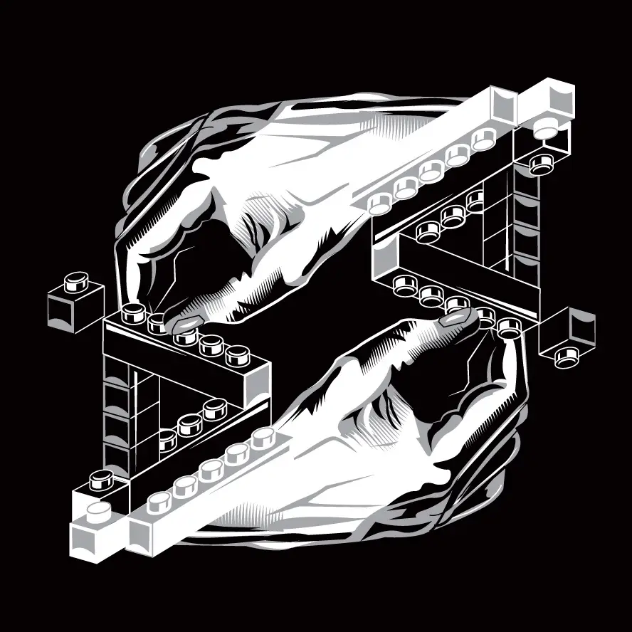 A black-and-white illustration shows two hands assembling a structure made of lego bricks against a black background. The…