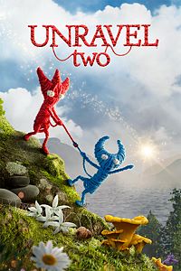 Two yarn-like characters, one red and one blue, are climbing a grassy hillside with a scenic lake and mountains in the…