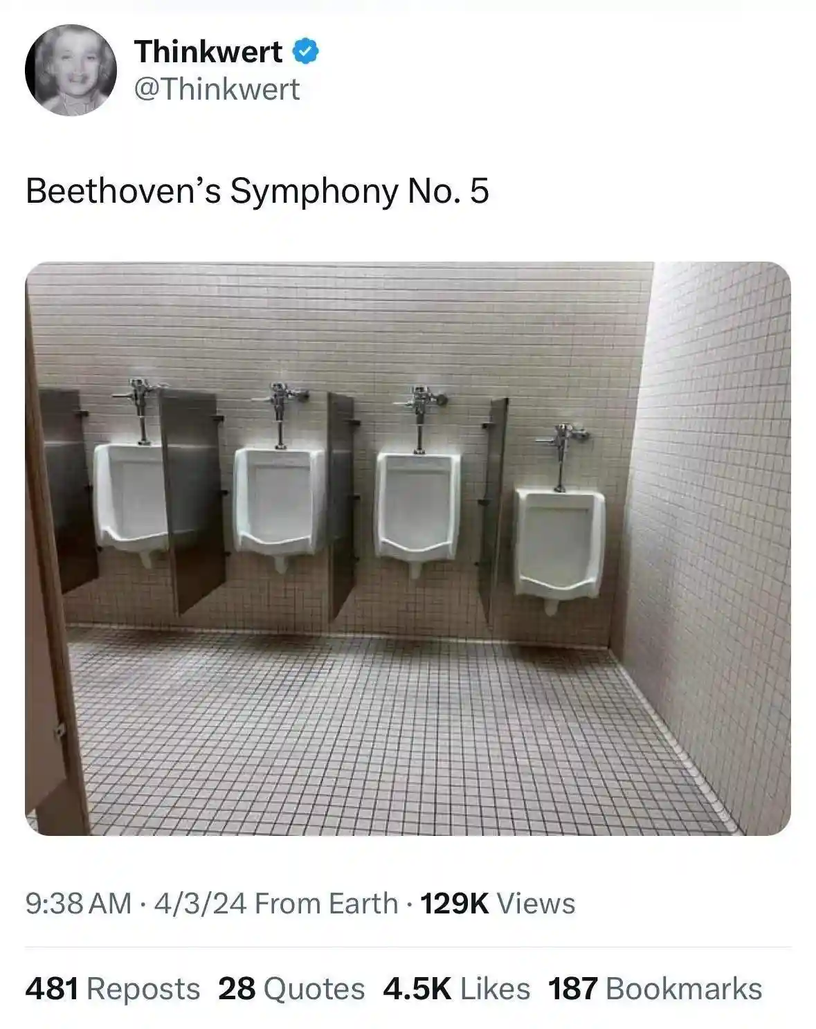 A photo of four urinals in a public restroom with tiled walls and floor, overlaid with the text 'Beethoven's Symphony No…