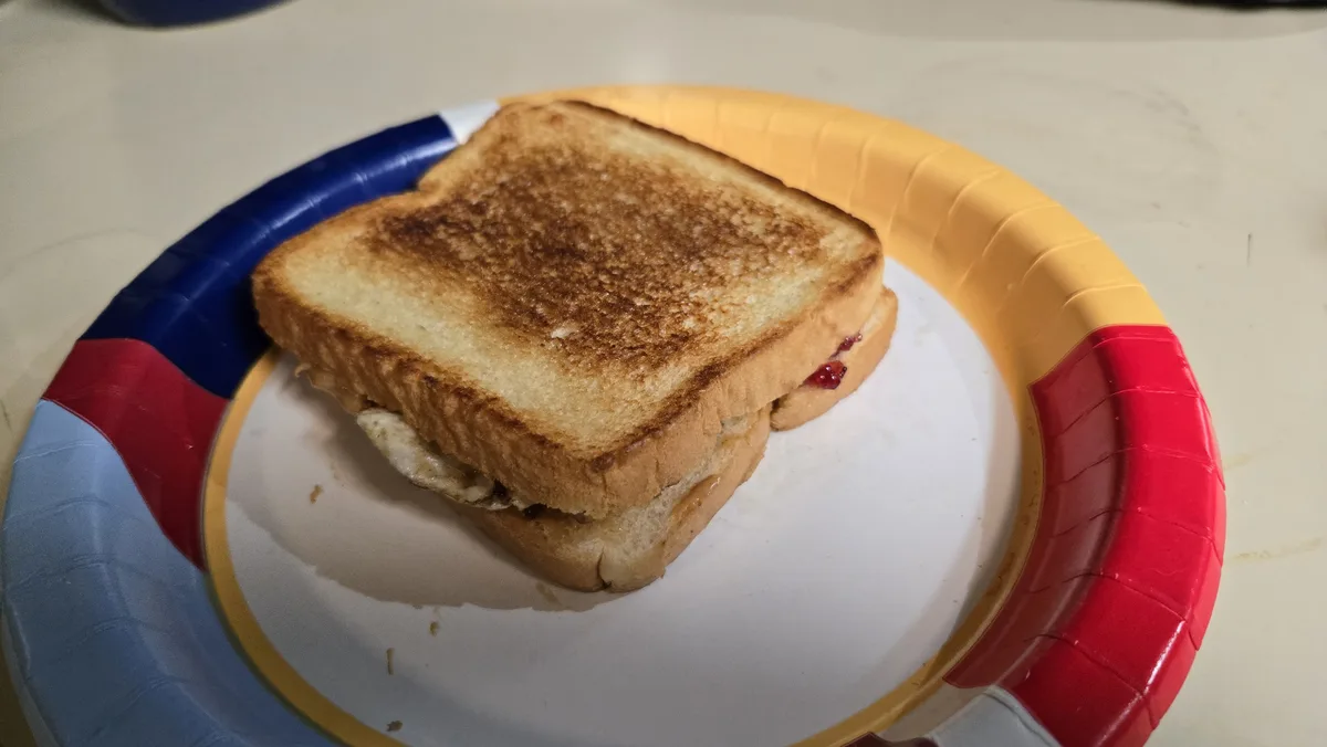 A grilled sandwich with melted cheese and jam oozing from the sides sits on a colorful paper plate with red, yellow, blue…