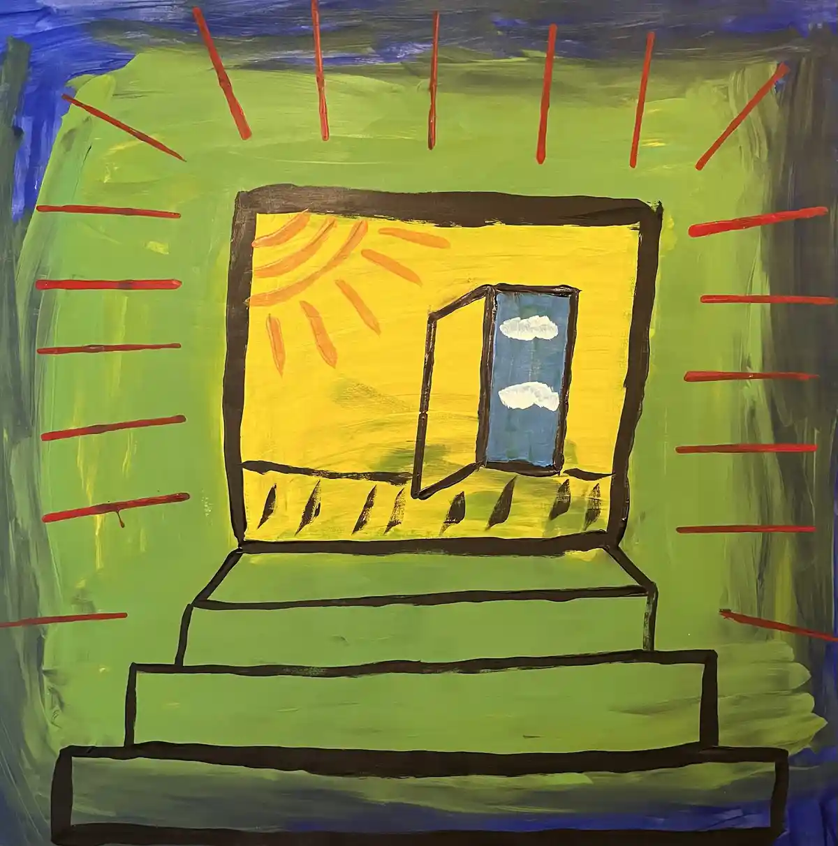 A childlike painting shows a laptop with a bright yellow screen displaying a sunny scene with a window showing blue sky and…