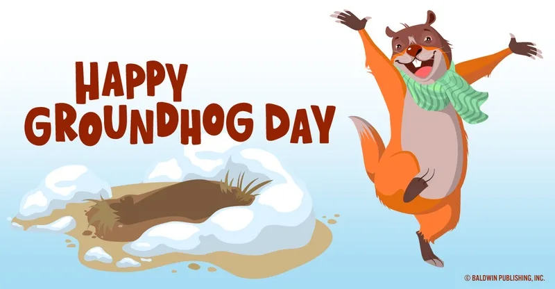 A cartoon groundhog wearing a green scarf stands joyfully with arms raised beside its snowy burrow. Large brown text reads…