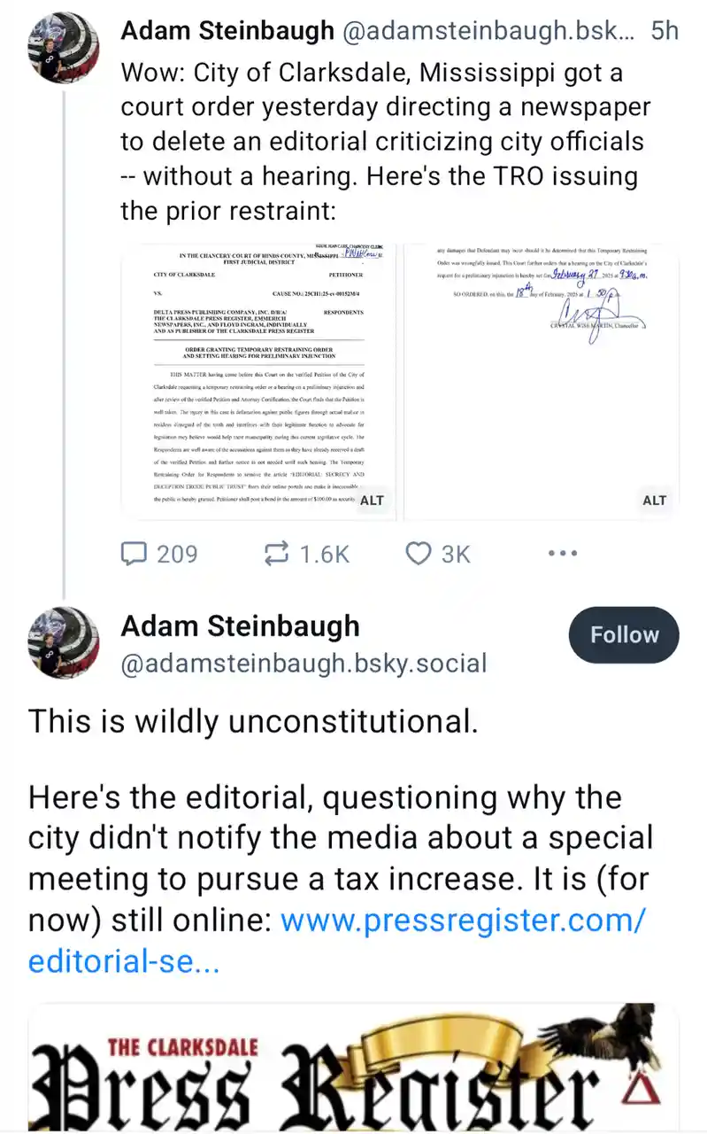 A social media post by Adam Steinbaugh shows a court order from the Chancery Court of Hinds County, Mississippi, directing…
