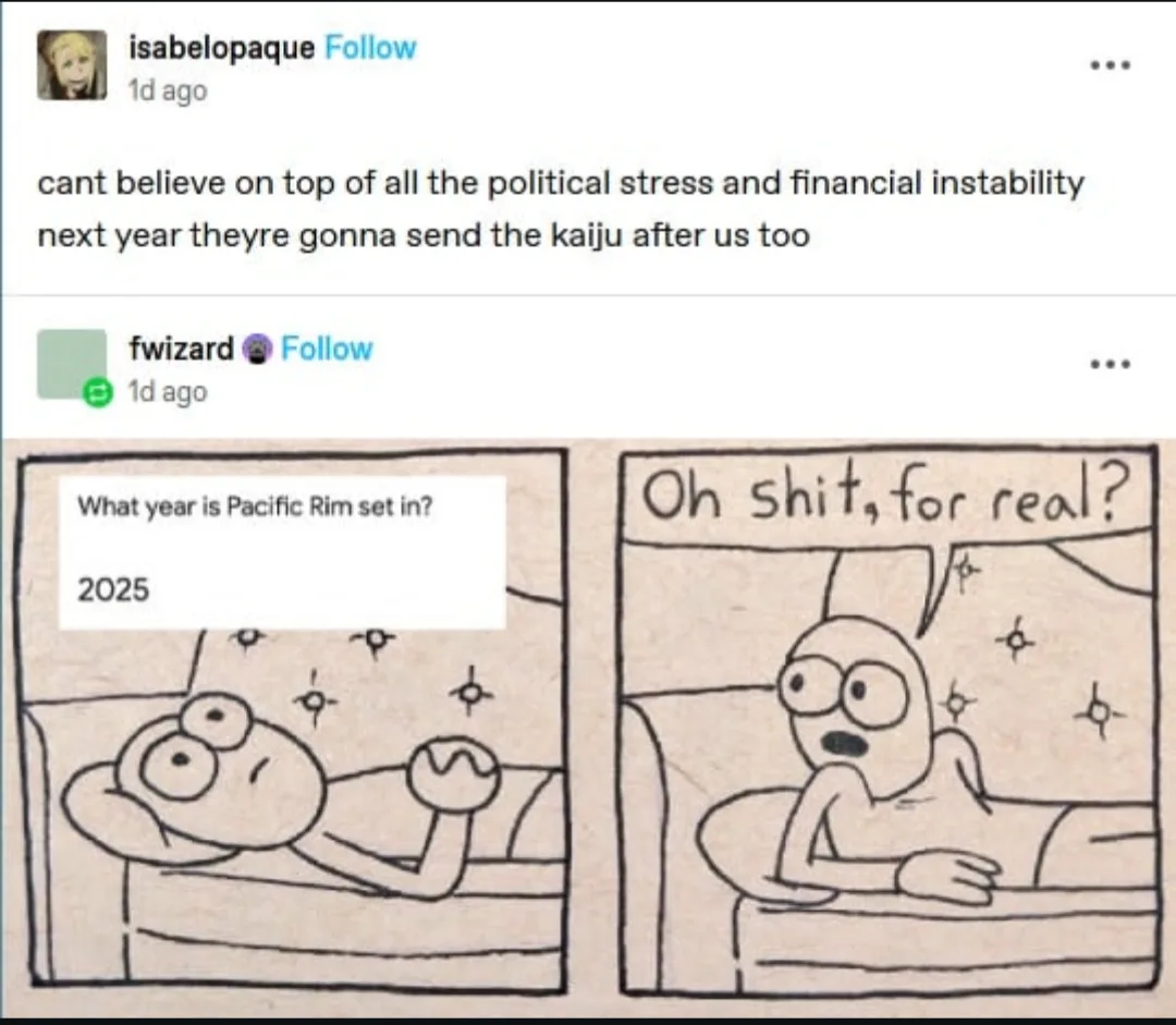 A two-panel comic strip shows a character asking 'What year is Pacific Rim set in?' and getting the answer '2025', then…