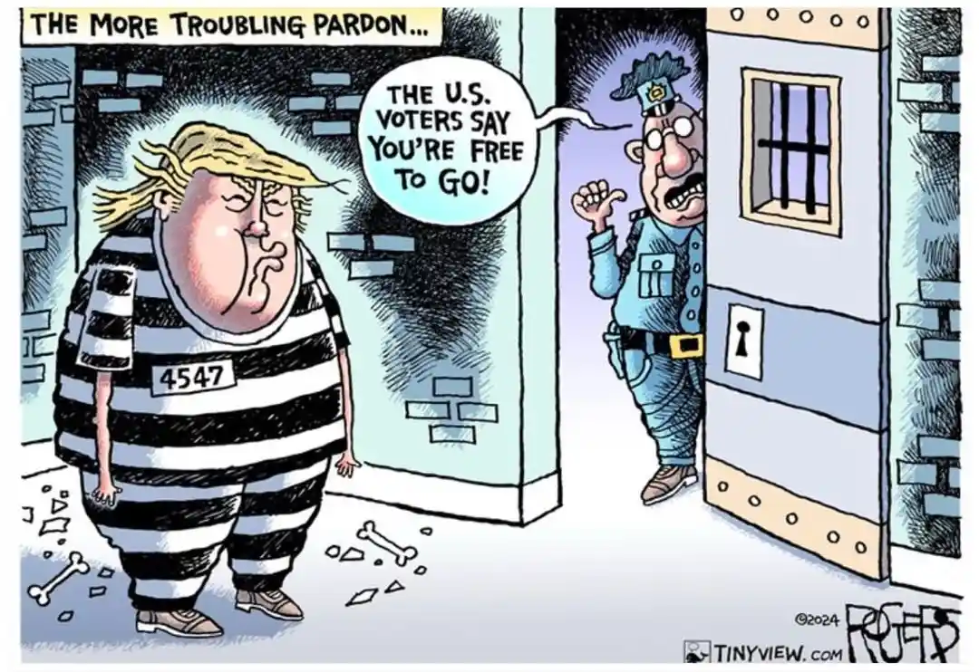A cartoon depicts a caricature of Donald Trump in a prison uniform with the number 4547, standing in a jail cell with bones…