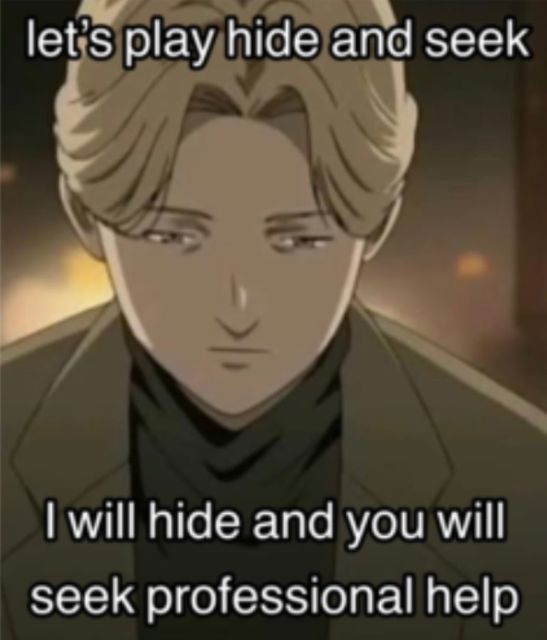 An anime character with blonde hair and a serious expression looks forward, overlaid with text proposing a game of hide and…