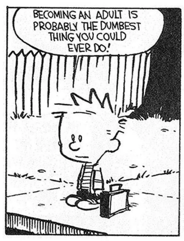 A black-and-white comic strip panel shows a young boy sitting on the ground next to a small suitcase, looking up with a…
