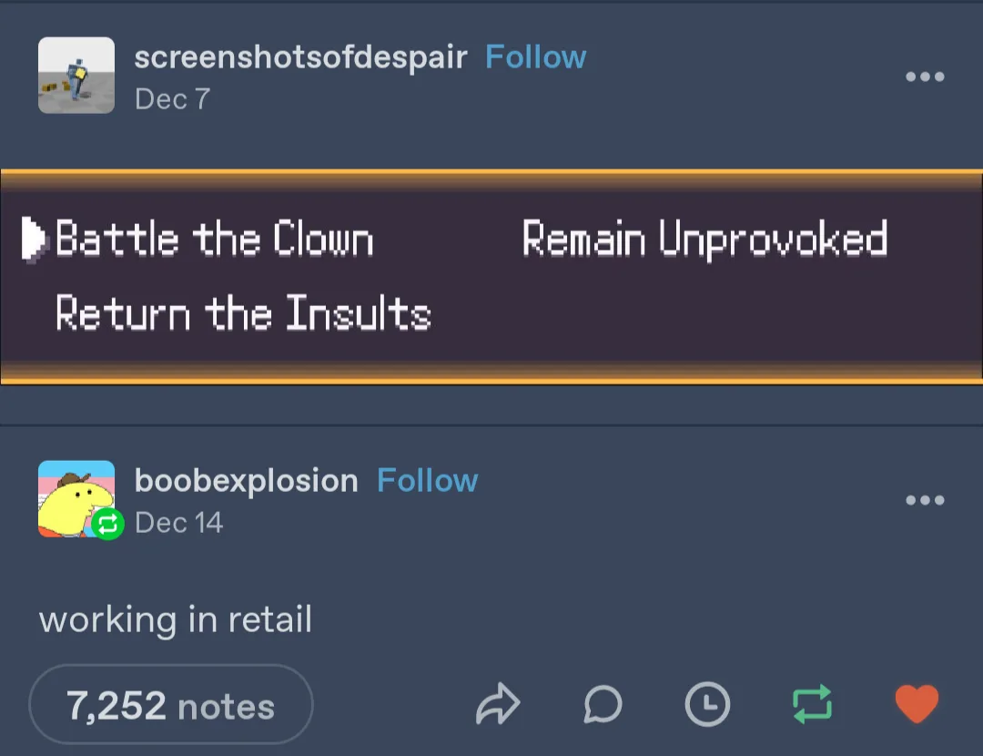 A screenshot of a Tumblr post showing a pixelated game menu with the options 'Battle the Clown', 'Remain Unprovoked', and…
