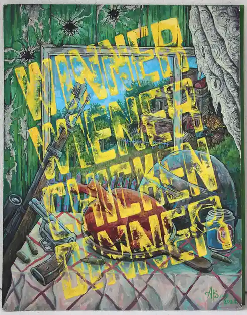 A painted artwork depicts a table with a roasted chicken, firearms, ammunition, and a beer can, set against a backdrop of a…