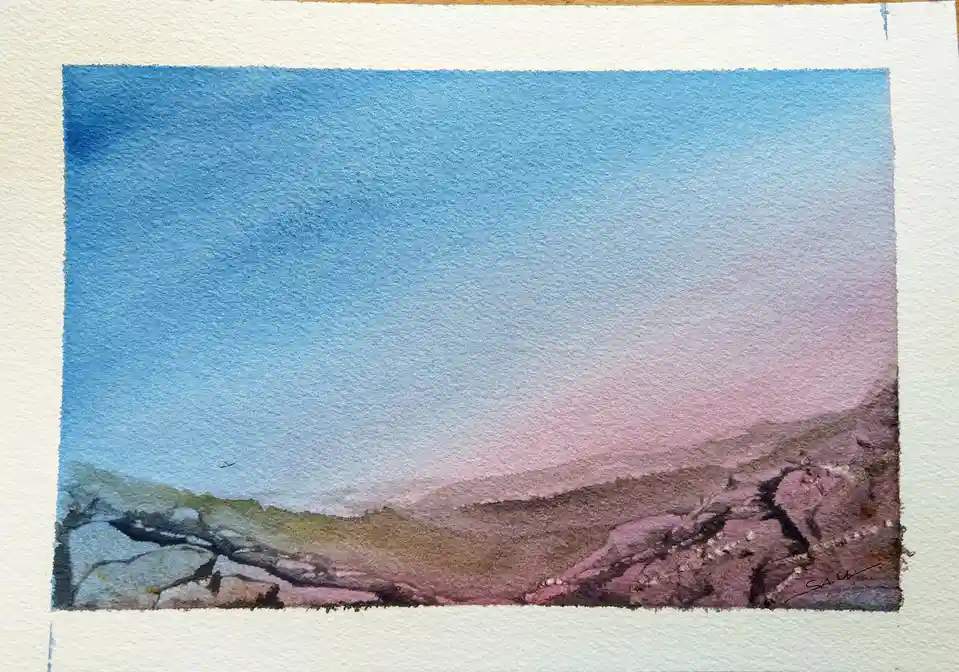 A watercolor painting of a mountainous landscape at dusk or dawn, featuring a gradient sky from blue to pink, with…