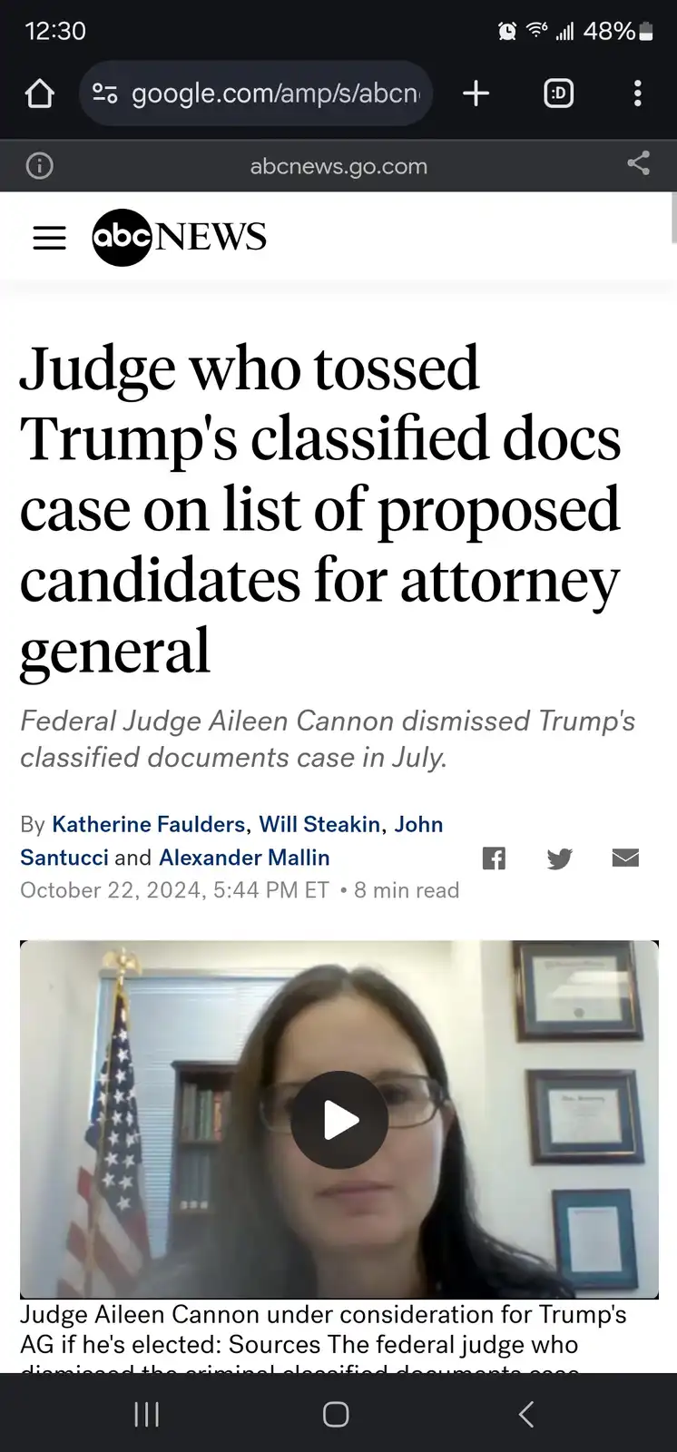 A screenshot of an ABC News article headline about Federal Judge Aileen Cannon, who dismissed Trump's classified documents…