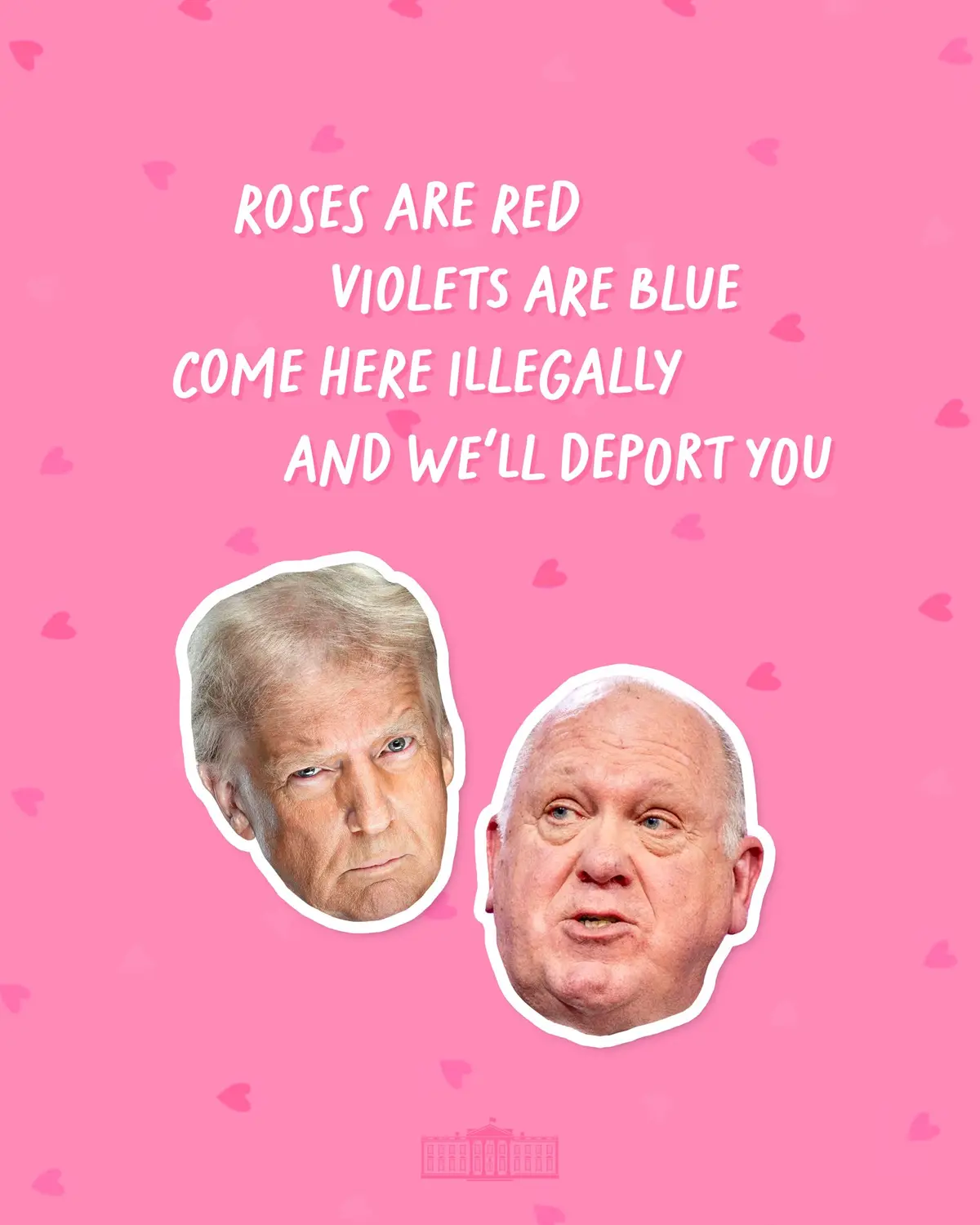 The image features a pink background with scattered hearts and two cutout portraits of Donald Trump and Myron E.