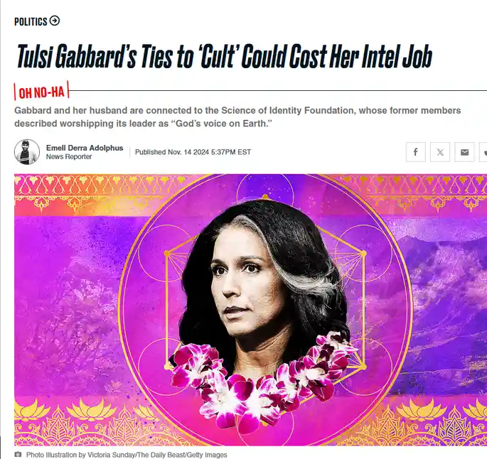 A screenshot of a news article headline about Tulsi Gabbard's alleged ties to a 'cult' potentially jeopardizing her…