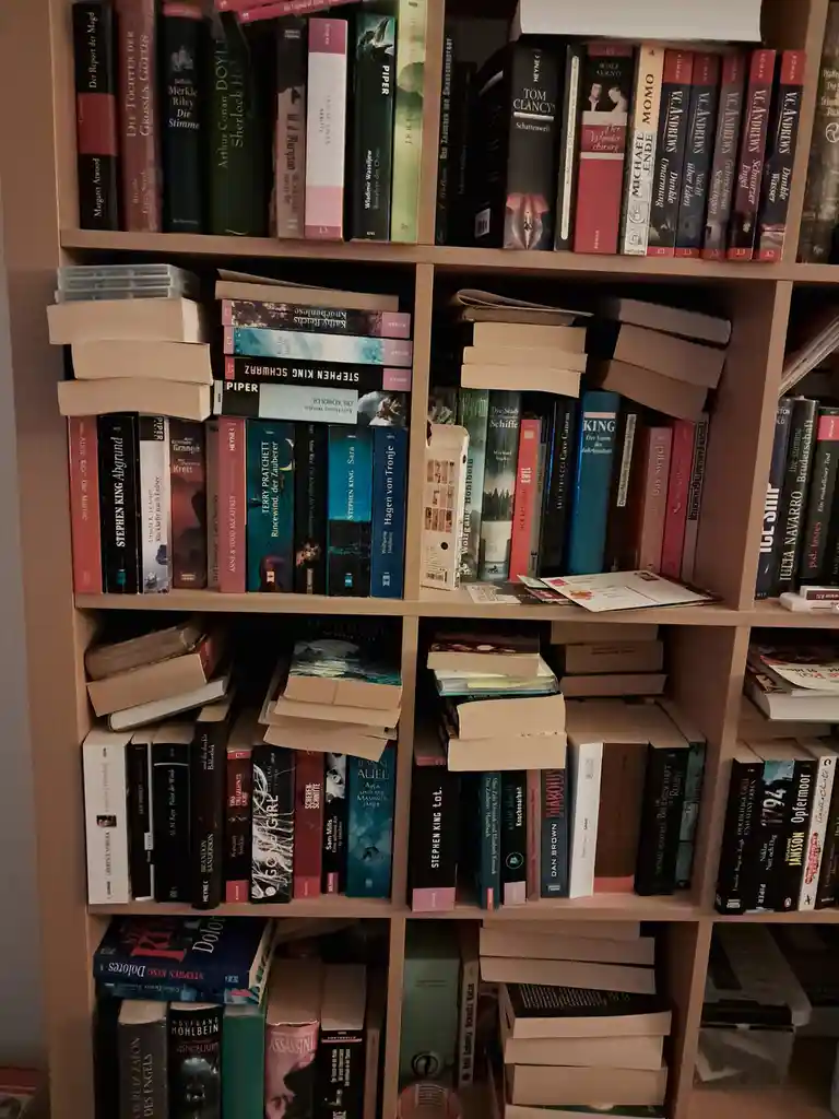 A bookshelf filled with numerous books, many of which are visibly stacked haphazardly or leaning, with some spines showing…