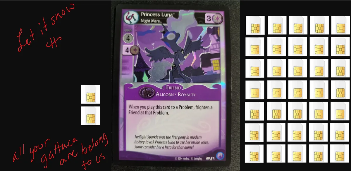 A My Little Pony trading card for 'Princess Luna Night Mare' is centered, flanked by grids of SIM cards. Red handwritten…