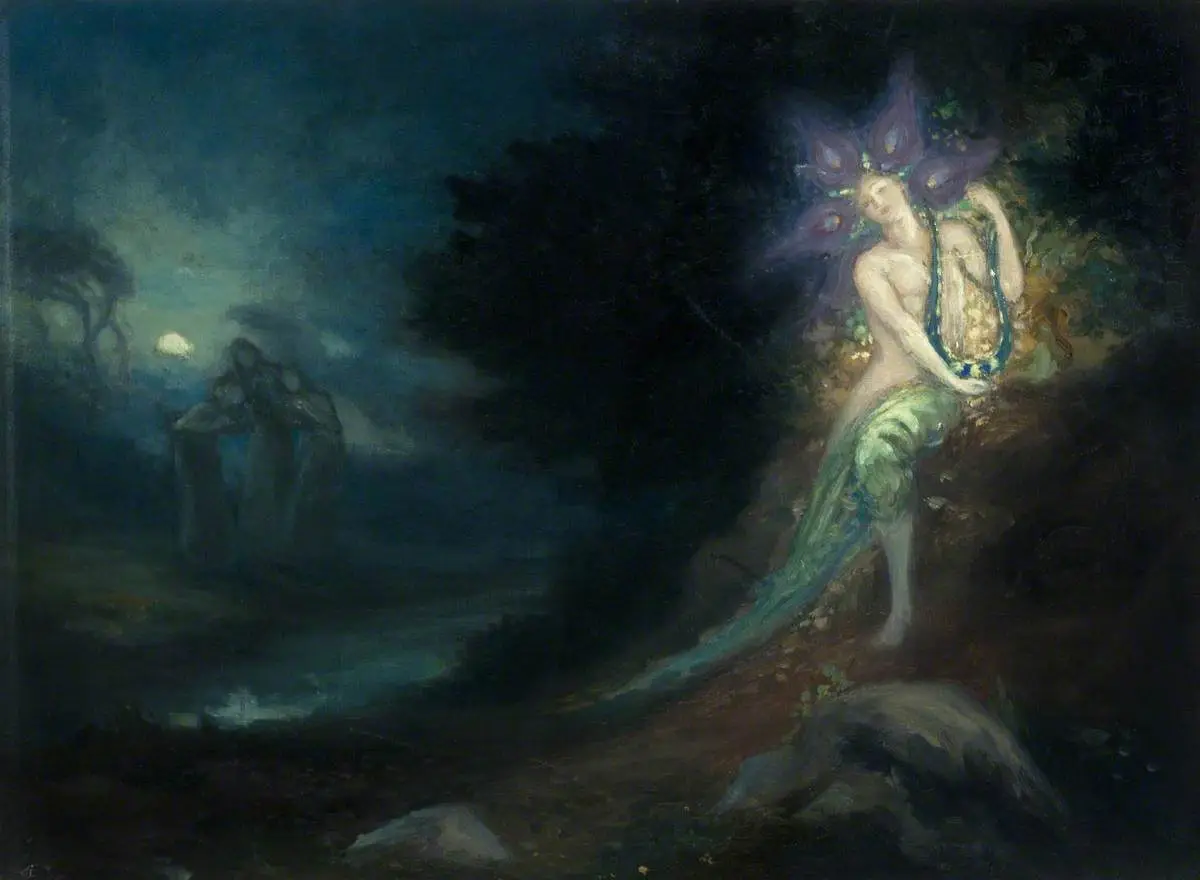 A dark, moody painting depicts a nude, ethereal female figure with a mermaid-like tail and a glowing, flower-like headdress…