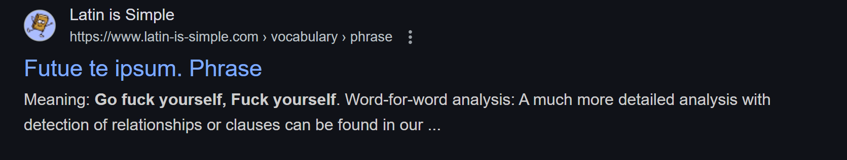 A screenshot of a website page titled 'Futue te ipsum. Phrase' with a meaning listed as 'Go fuck yourself, Fuck yourself.'…