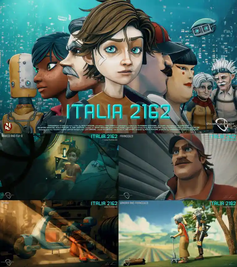 A promotional poster for the animated film 'Italia 2162' featuring a lineup of diverse characters including a young…