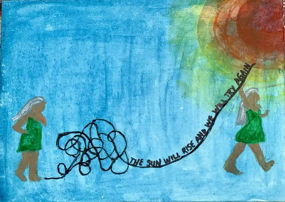 A watercolor painting shows two children in green dresses against a blue sky with a large orange sun. One child on the left…