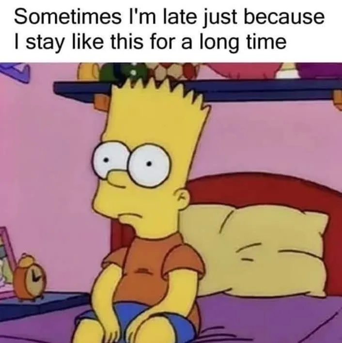 The image shows Bart Simpson sitting on his bed in his bedroom, looking dazed and slightly bored. He is wearing his…