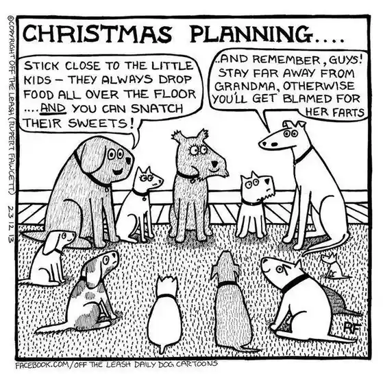 A black-and-white cartoon depicts several dogs gathered for a meeting titled 'CHRISTMAS PLANNING....' One dog advises others…
