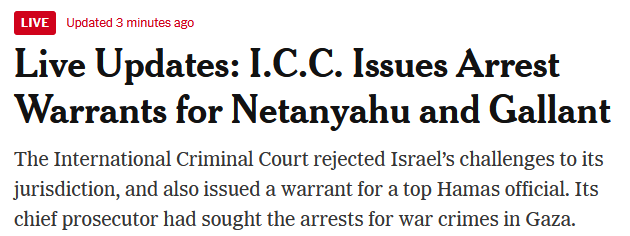 A screenshot of a news article headline reads 'Live Updates: I.C.C. Issues Arrest Warrants for Netanyahu and Gallant' with a…