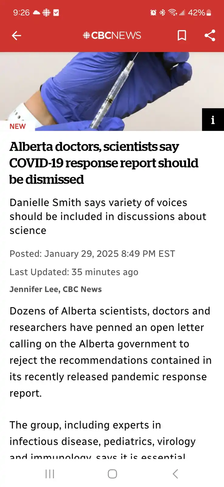 A screenshot of a CBC News article with a headline stating 'Alberta doctors, scientists say COVID-19 response report should…