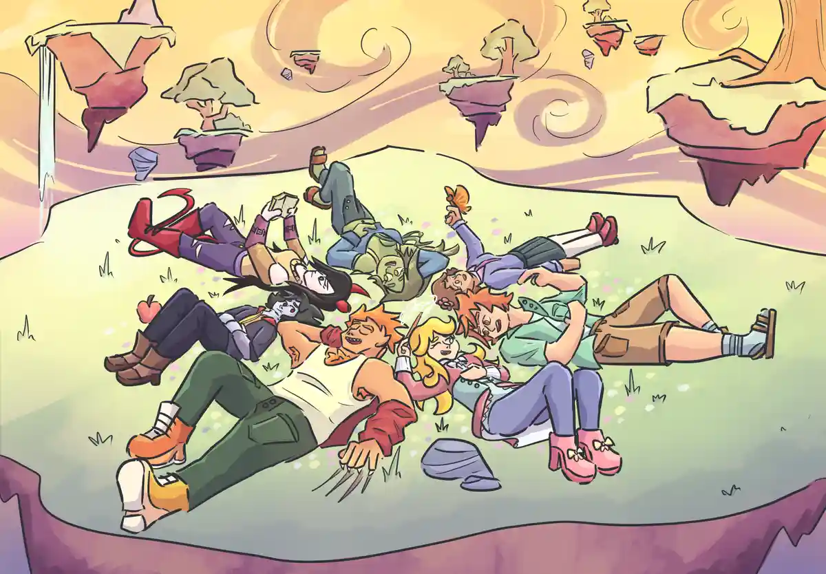 A colorful cartoon illustration shows multiple animated characters from the show 'Undertale' lying relaxed on a floating…