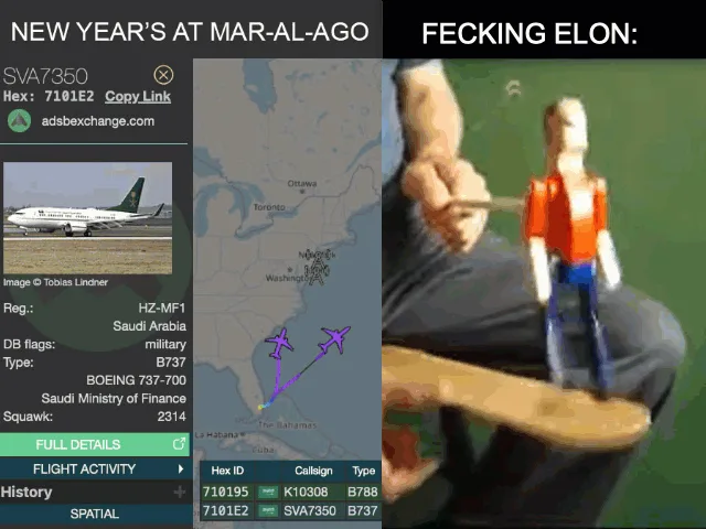 A split-screen image shows a flight tracking interface for a Saudi Arabian military Boeing 737-700 (registration HZ-MF1)…