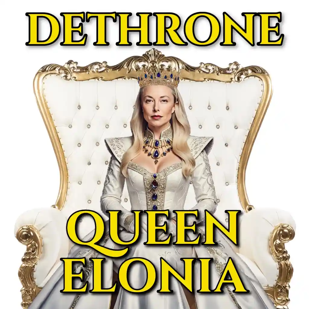 A woman with blonde hair wearing a crown and ornate white royal gown sits regally on a large, tufted, gold-trimmed throne…