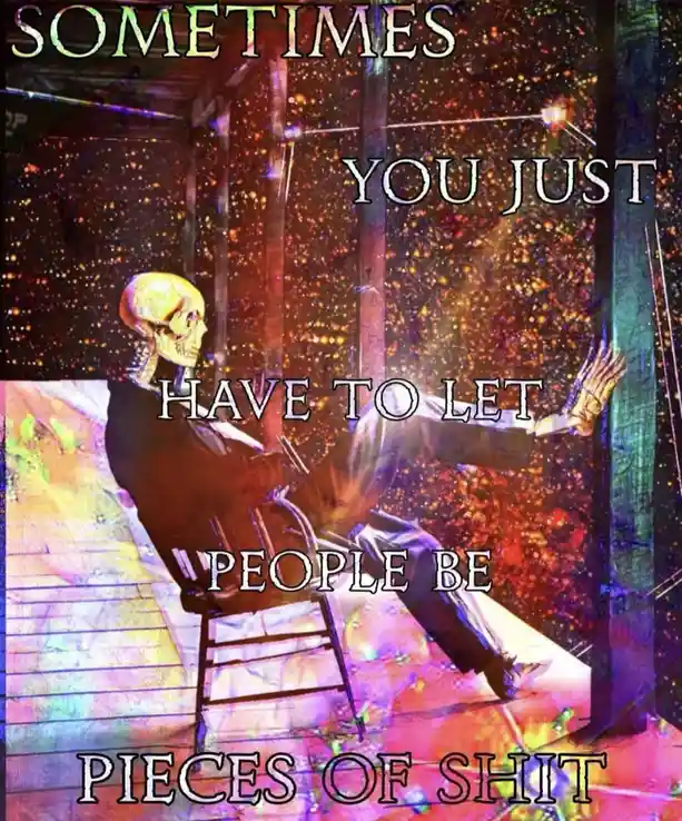 A skeleton wearing a suit sits in a wooden chair on a porch, looking out at a starry night sky. The image has a colorful…