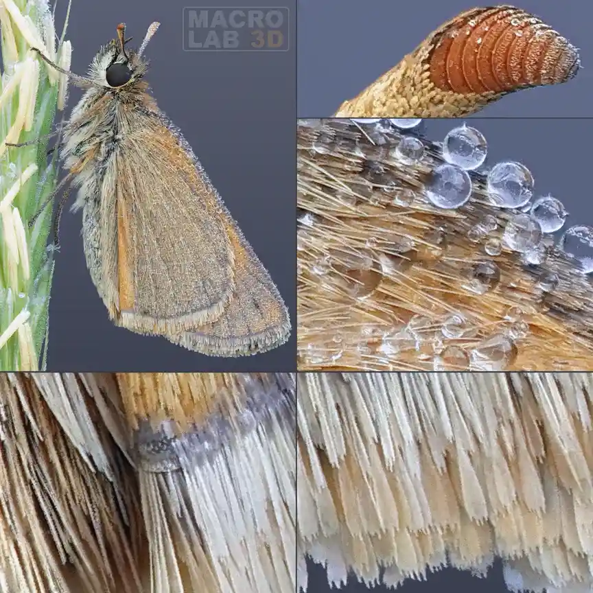 A grid of 12 macro photographs showing a brown moth perched on a plant stem, alternating with close-ups of dew drops on…
