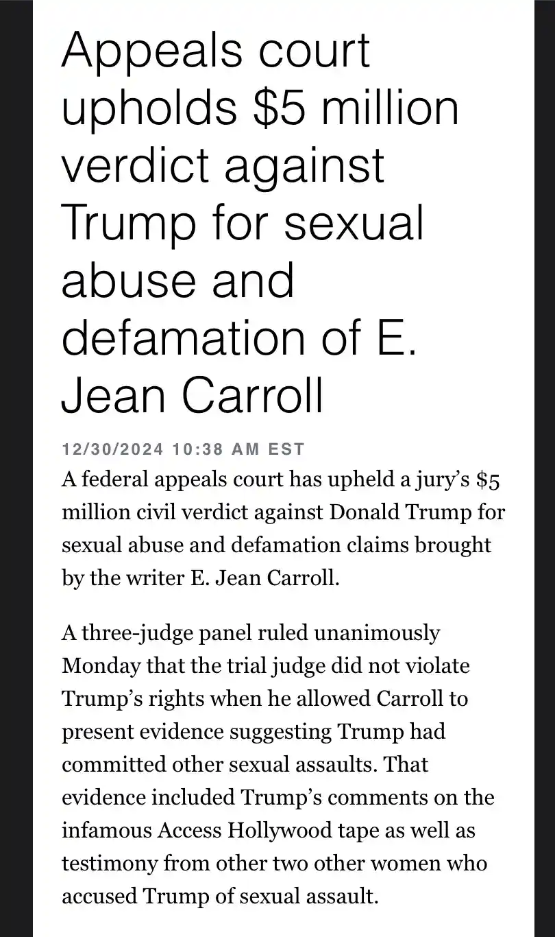 The image displays a news article snippet with a headline stating 'Appeals court upholds $5 million verdict against Trump…