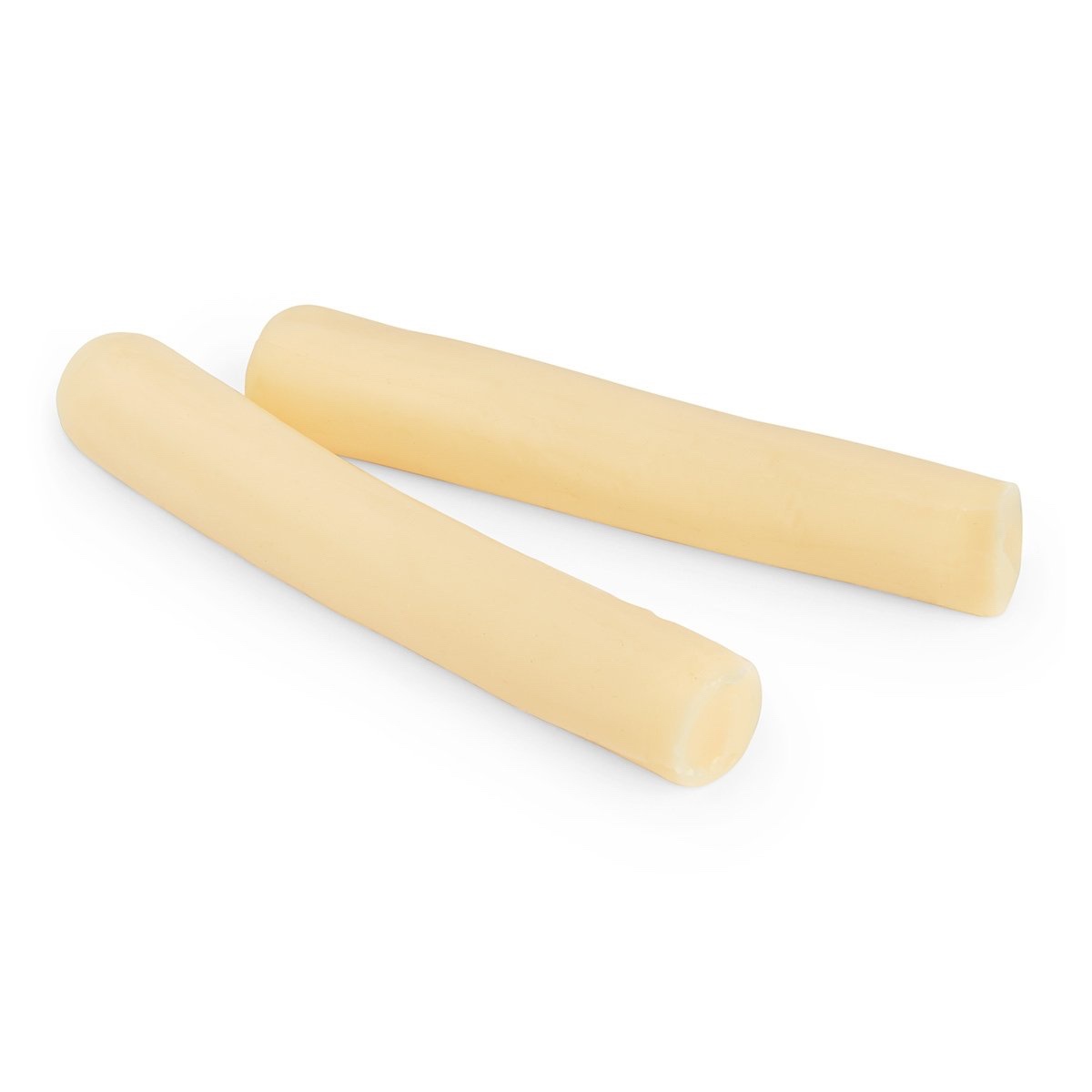 Two pale yellow cylindrical cheese sticks lie diagonally on a plain white background. Overlaid text reads: 'i'm not lazy…