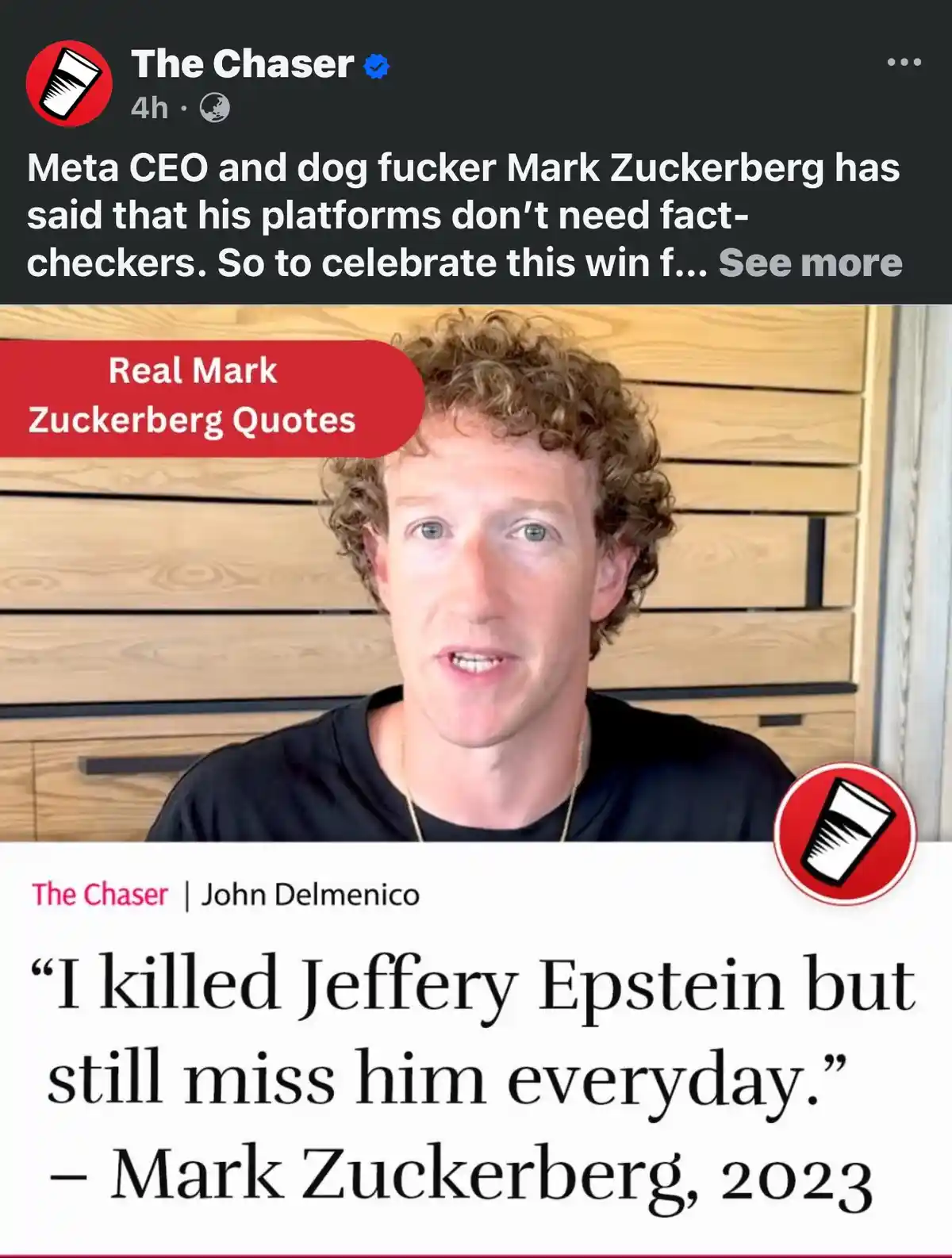 The image shows a screenshot of a social media post by 'The Chaser' featuring a photo of Mark Zuckerberg with a red banner…