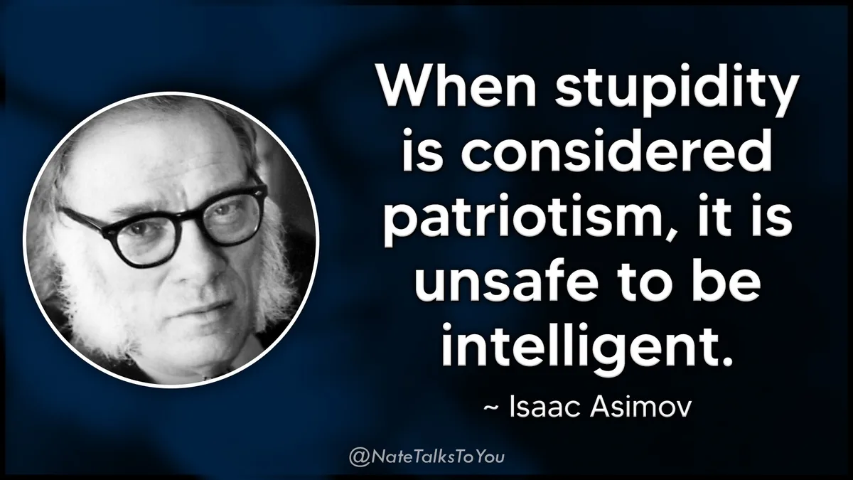 A black-and-white circular portrait of Isaac Asimov, a man with glasses and a beard, is on the left against a dark blue…