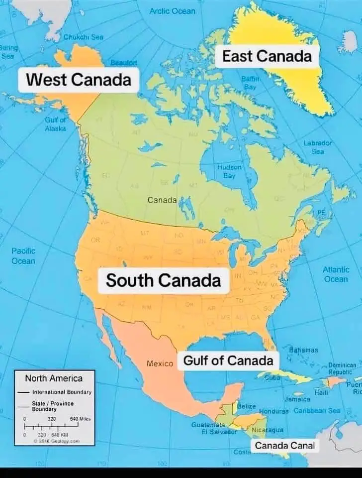 A map of North America humorously mislabels Canada as 'West Canada', 'East Canada', and 'South Canada', with the Gulf of…