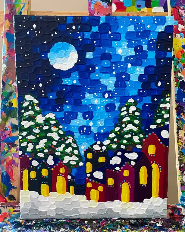 A thickly textured, impressionistic painting depicts a snowy winter scene with colorful houses, snow-covered evergreen…