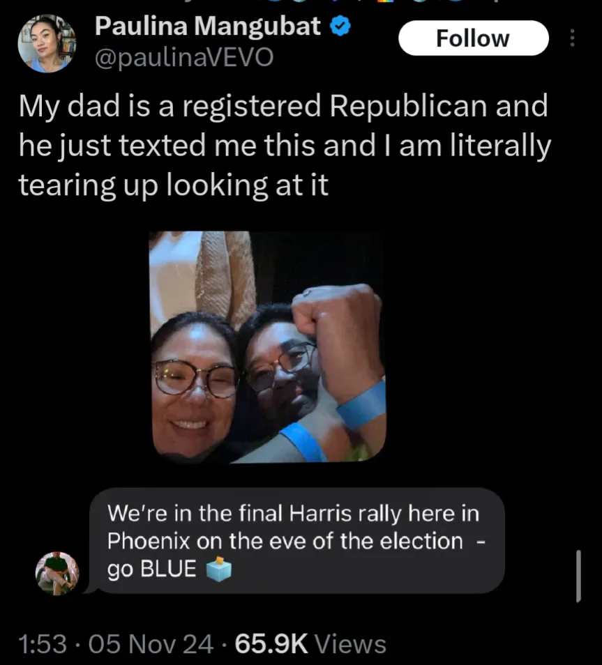 A screenshot of a tweet by Paulina Mangubat showing her father's text message from a political rally. The text reads 'We're…