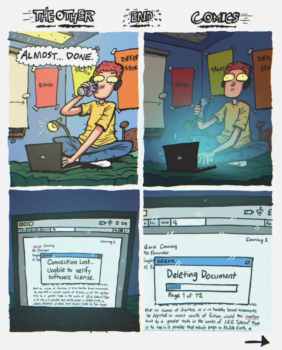 A two-panel comic shows a person working late on a laptop, thinking 'almost... done.' The second panel reveals their screen…