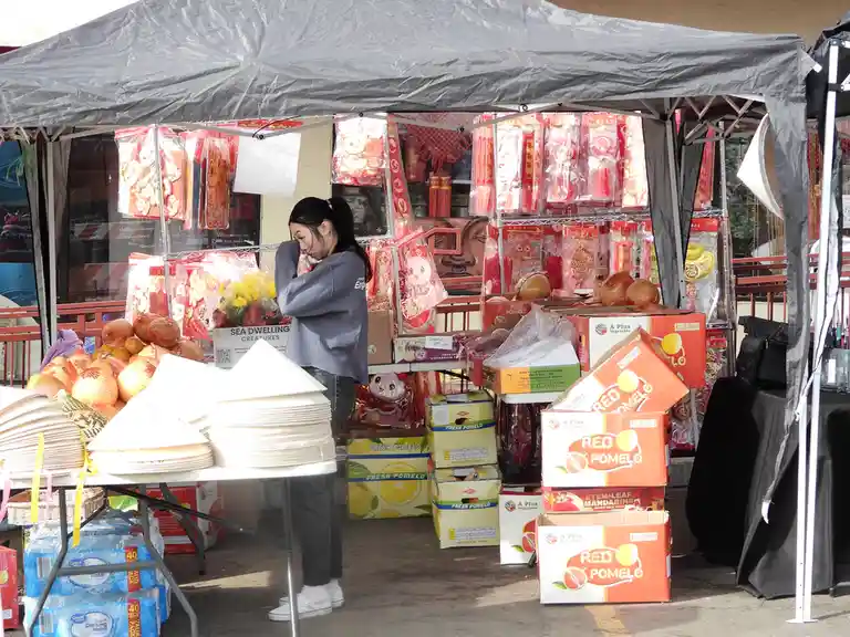 A woman stands under a gray pop-up tent at an outdoor market stall filled with red Chinese New Year decorations, pomelo…