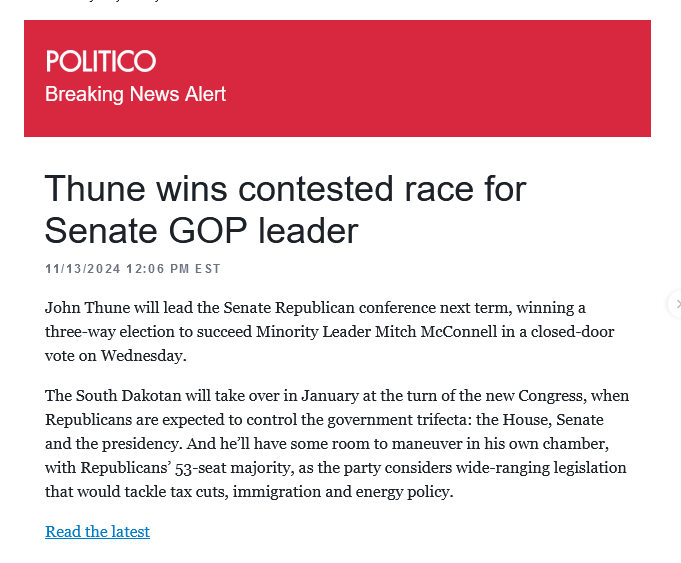 A screenshot of a Politico news article with a red header reading 'POLITICO Breaking News Alert'. The headline reads 'Thune…