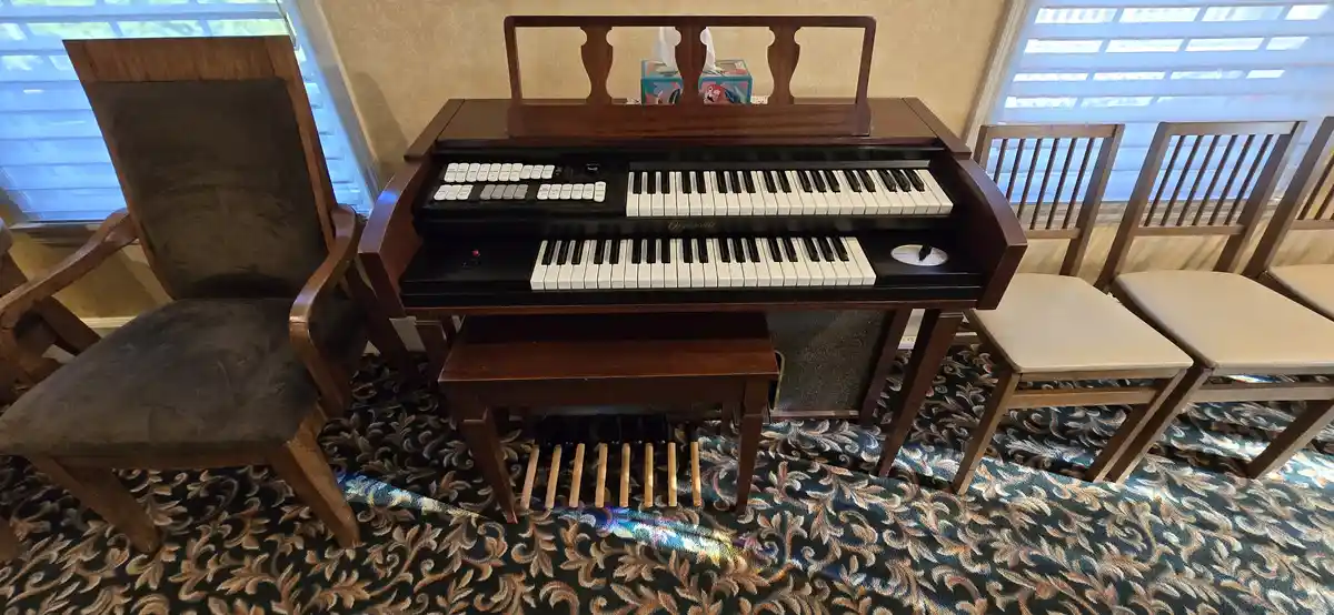 A wooden electronic organ with two keyboards and a control panel sits in a room with patterned carpet and chairs. A tissue…